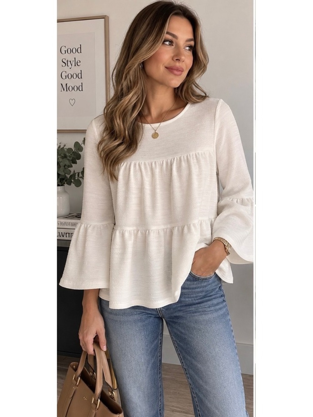 Crew Tiered Bell Sleeve Top Ivory White Textured Peplum Blouse Size S